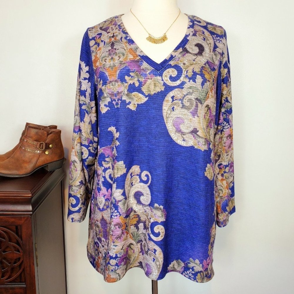 B.L.E.U. Women's Soft Cozy Knit Paisley V-Neck Sweater Top NEW NWT Size 1X